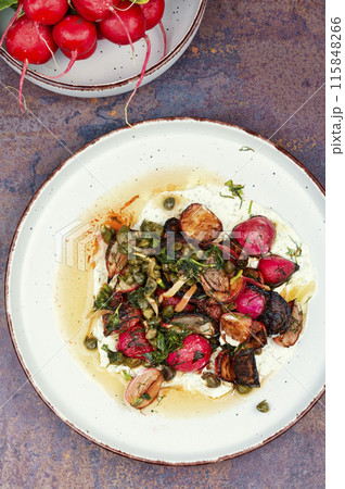 Radish piccata, vegetable piccata. 115848266