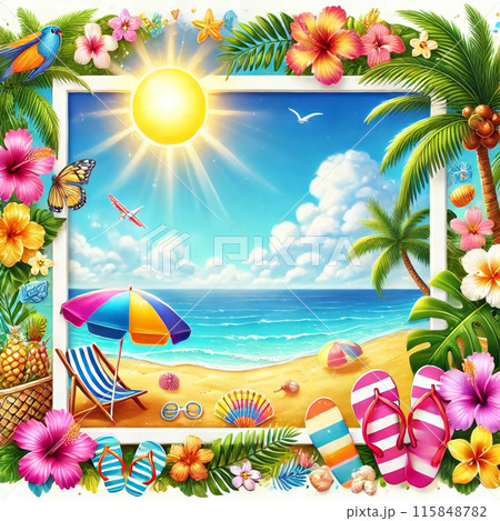 こちらがビーチをテーマにした夏のフレーム画像です。青い空、ヤシの木、砂浜、ハイビスカスやプルメリアの こちらがビーチをテーマにした夏のフレーム画像です。青い空、ヤシの木、砂浜、ハイビスカスやプルメリアの 115848782