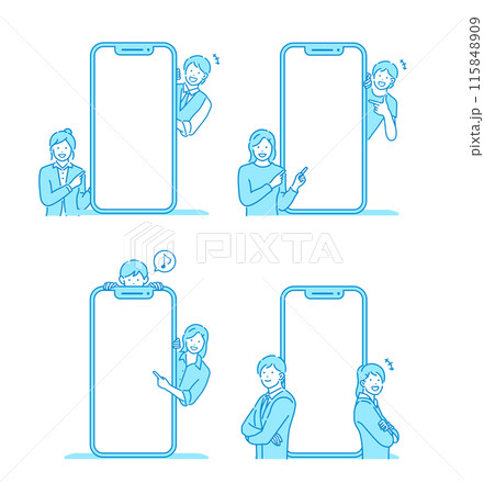 スマートフォン画面と人物のベクターイラストセット (スマホ画面デザインスペース) 115848909