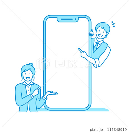 スマートフォン画面と人物のベクターイラスト (スマホ画面デザインスペース) 115848919