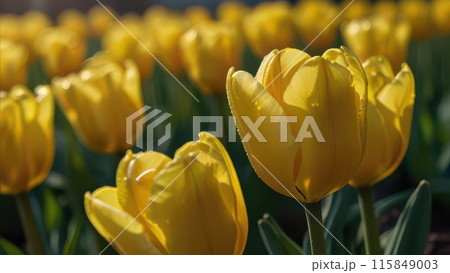 Captivating close-up of a single vibrant yellow tulip, showcasing intricate folds and velvety texture against blurred greenery backdrop. Captivating close-up of a single vibrant yellow tulip, showcasing intricate folds and velvety texture against blurred greenery backdrop. 115849003