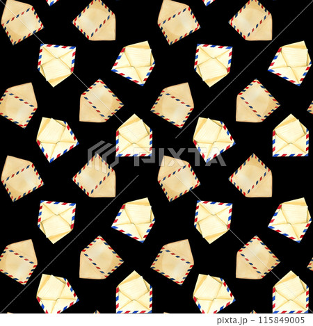 Seamless pattern. Postal envelopes with red and blue stripes on a black background. All items are hand painted with watercolors. Watercolor illustration. For wrapping paper design, scrapbooking. Seamless pattern. Postal envelopes with red and blue stripes on a black background. All items are hand painted with watercolors. Watercolor illustration. For wrapping paper design, scrapbooking. 115849005