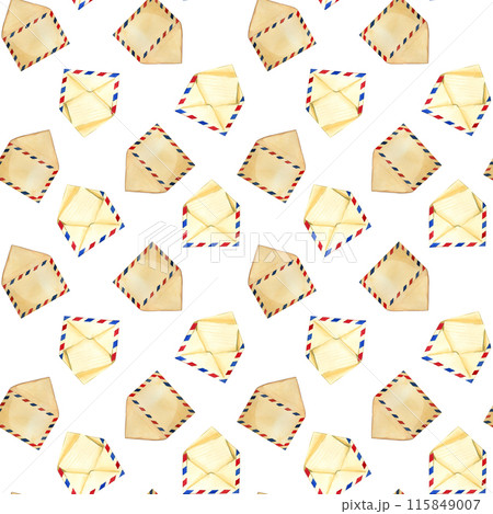 Seamless pattern. Postal envelopes with red and blue stripes. All objects are hand-painted with watercolors. Watercolor illustration. Suitable for wrapping paper design, scrapbooking, creativity. Seamless pattern. Postal envelopes with red and blue stripes. All objects are hand-painted with watercolors. Watercolor illustration. Suitable for wrapping paper design, scrapbooking, creativity. 115849007