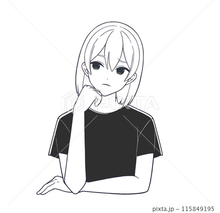 悩んでいる表情の漫画風の女性モノトーンイラスト(線画) 115849195