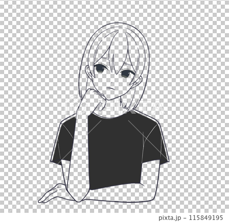 悩んでいる表情の漫画風の女性モノトーンイラスト(線画) 115849195