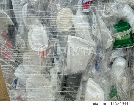 Baled Plastic and Styrofoam Packaging Wrapped for Recycling Baled Plastic and Styrofoam Packaging Wrapped for Recycling 115849442