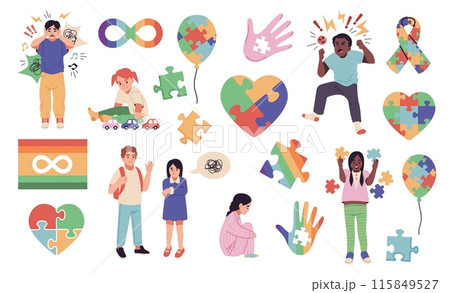 Autism spectrum disorder. Autistic pride symbols, stickers elements, hands, colofrul puzzles, heart, balloon and ribbon, congenital syndrome, childish behavior, medical tidy vector isolated set 115849527
