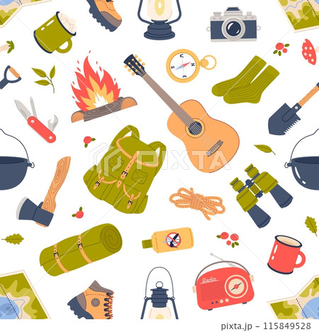 Camping equipment seamless pattern. Cartoon repeated hiking elements, tourism accessories, outdoor recreation items, decor textile, wrapping paper, print for fabric, vector background 115849528