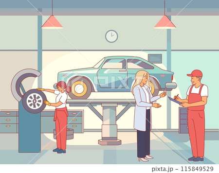 Car repair shop. Mechanics inspect client personal transport, employees in uniform, changing tires in garage, auto service, woman in workshop, automobile diagnostic vector cartoon flat concept 115849529