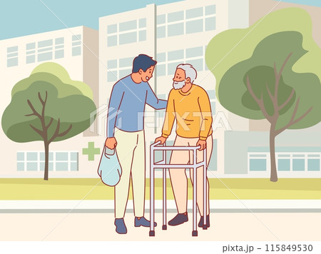 Caring for elderly. Guy helps an old man with walker cross road and carry bags, volunteer activities, social worker, support senior humans, walking with grandfather, vector cartoon flat concept 115849530