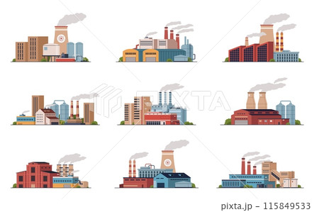 Industrial buildings. Plants, factories and manufacturing constructions, different power stations, smoky pipes and chimneys, harmful emissions, nowaday vector cartoon flat style isolated set Industrial buildings. Plants, factories and manufacturing constructions, different power stations, smoky pipes and chimneys, harmful emissions, nowaday vector cartoon flat style isolated set 115849533