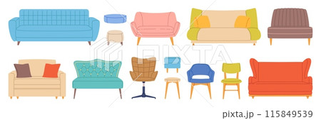 Trendy sofas, chairs and armchairs. Soft furniture for cozy room colorful interior, modern and retro comfortable couches with cushions front view, home design elements, vector cartoon flat style set 115849539