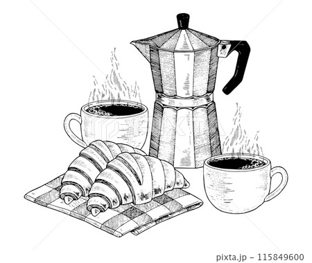 Cups of Coffee and Croissants. Vector hand drawn illustration. Moka pot and buns. Vintage white and black line art on background. Food clipart sketch drawing. For cafe and coffeeshop menu design Cups of Coffee and Croissants. Vector hand drawn illustration. Moka pot and buns. Vintage white and black line art on background. Food clipart sketch drawing. For cafe and coffeeshop menu design 115849600