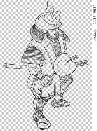 豐臣秀長身穿盔甲,手持軍階黑白線畫 豐臣秀長身穿盔甲,手持軍階黑白線畫 115849634