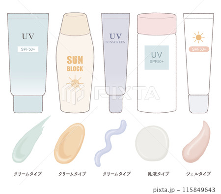 日焼け止め5種類 クリームタイプ、乳液タイプ、ジェルタイプ 日焼け止め5種類 クリームタイプ、乳液タイプ、ジェルタイプ 115849643