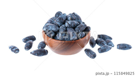 Honeysuckle in wooden bowl, isolated on white background. Fresh honeysuckle blue berry fruits. Clipping path. Honeysuckle in wooden bowl, isolated on white background. Fresh honeysuckle blue berry fruits. Clipping path. 115849825