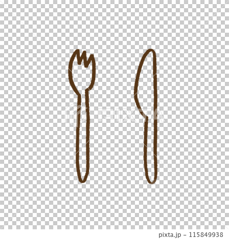 Hand-drawn line drawing illustration of fork and knife 115849938
