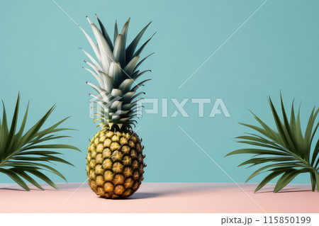 Juicy ripe flying pineapple fruit and pineapple pieces on pastel blue background. Juicy ripe flying pineapple fruit and pineapple pieces on pastel blue background. 115850199