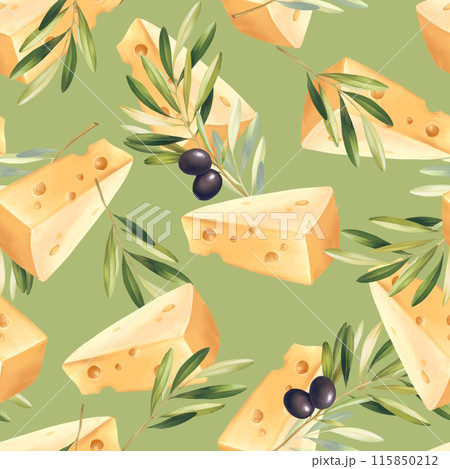 Seamless pattern with brunch of olives and cheese. Food background 115850212