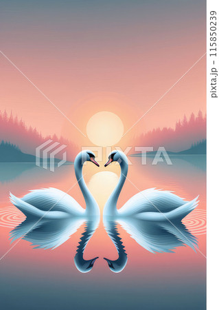Beautiful watercolor of Elegant swans gracefully swim in the a beautiful sunset. 115850239