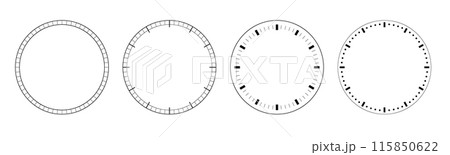 Dial of watch template. Circles of clock faces for time. Template analogue watches, thermometer degree or weight measuring. Dial of watch template. Circles of clock faces for time. Template analogue watches, thermometer degree or weight measuring. 115850622