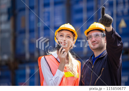 Customs worker team working in Port Cargo Shipping Container Yard together, Radio Loading Control Operate. 115850677
