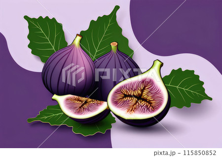 Juicy ripe flying fig fruits and fig purple hues slice on pastel purple background. Juicy ripe flying fig fruits and fig purple hues slice on pastel purple background. 115850852