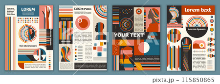 Diversity equality inclusion belonging. Silhouettes of People from Diverse Cultures. DEIB concept. Template for flyer leaflet cover or poster in minimalist geometric modern retro style 115850865