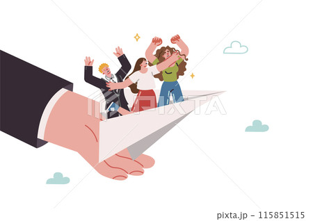 Mentoring assistance for young employees standing in paper plane flying thanks to support of boss Mentoring assistance for young employees standing in paper plane flying thanks to support of boss 115851515