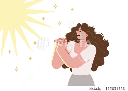 Woman prays with tears in eyes and rejoices at miracle she has seen, standing near flash in sky 115851528