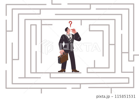 Business man stands in labyrinth and thinks, coming up with options for solving problem 115851531
