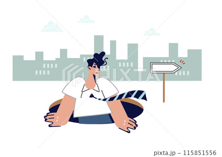 Businessman explores market by climbing out of hatch in ground and looking around 115851556
