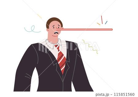 Business man liar with long nose like pinocchio symbolizes lack of sincerity in promises 115851560