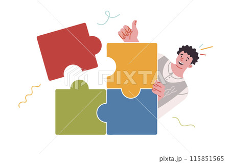 Smart guy assembled puzzle shows thumbs up after successfully completing complex puzzle Smart guy assembled puzzle shows thumbs up after successfully completing complex puzzle 115851565