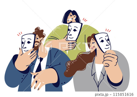 Business people put on masks to simulate emotions and deceive, working for fraudulent company Business people put on masks to simulate emotions and deceive, working for fraudulent company 115851616