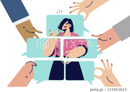 Social portrait of woman compiled by people around from small pieces, as metaphor of gossips 115851623