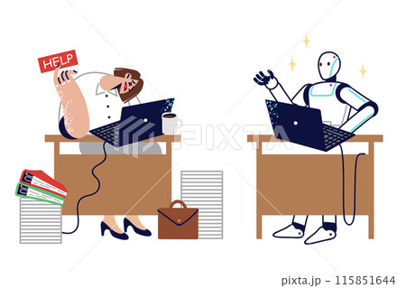Business woman asks robot for help, after losing fight for job with AI, sitting at table 115851644