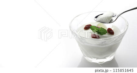 中国発祥のデザート 杏仁豆腐「杏仁羹」クコの実とミントを飾りに(白背景) 中国発祥のデザート 杏仁豆腐「杏仁羹」クコの実とミントを飾りに(白背景) 115851645