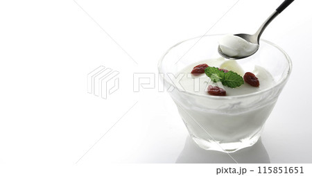 中国発祥のデザート 杏仁豆腐「杏仁羹」クコの実とミントを飾りに（白背景） 115851651