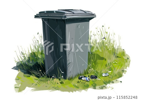 Gray trash bin standing on grass 115852248