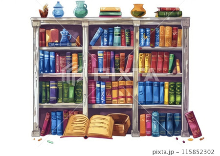 Bookshelf with various colorful books and vases 115852302