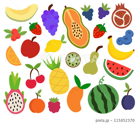 Set of fruits and berries. Concept of healthy food and products. Summer bright element for your design. Apple, pineapple, grape, papaya, dragon fruit, plum, watermelon. Vector cartoon illustration. Set of fruits and berries. Concept of healthy food and products. Summer bright element for your design. Apple, pineapple, grape, papaya, dragon fruit, plum, watermelon. Vector cartoon illustration. 115852370