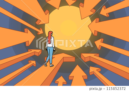 Business woman boldly follows risky path made of arrows pointing to big goal and success Business woman boldly follows risky path made of arrows pointing to big goal and success 115852372