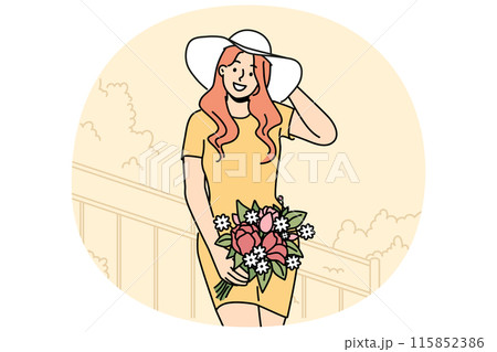 Smiling woman in hat posing with flowers Smiling woman in hat posing with flowers 115852386