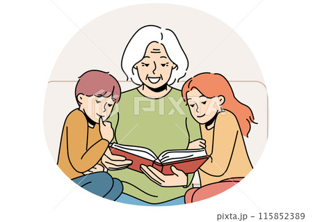 Caring grandmother reading book to little grandchildren 115852389