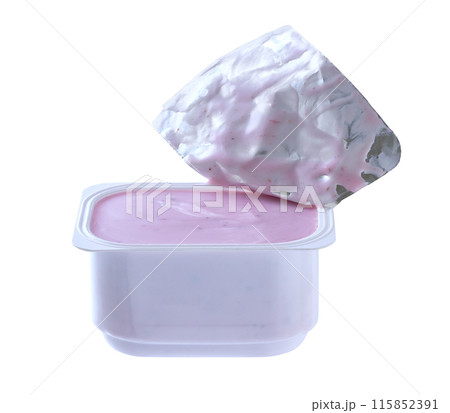 Open packing with blueberry yoghurt or tasty dessert isolated on a white background. 115852391