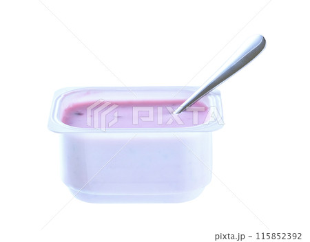 Open packing with blueberry yoghurt in a white plastic cup with a spoon isolated on a white background. 115852392