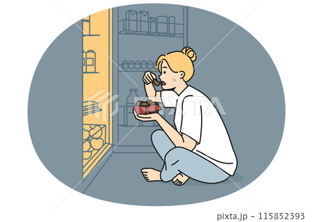 Woman near fridge eating at night 115852393
