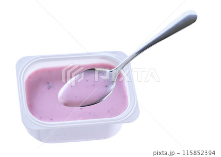 blueberry yogurt in a white plastic cup with a spoon isolated on a white background. Top view. 115852394