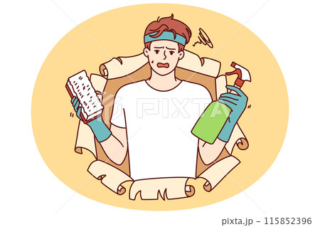 Disgruntled man with cleaning brush and bottle filled with chemical detergent that removes stains Disgruntled man with cleaning brush and bottle filled with chemical detergent that removes stains 115852396